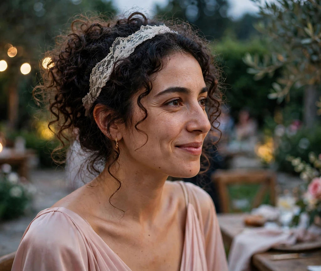 A Middle Eastern woman in her mid-twenties with dark brown curls in a soft curly updo with a lace headband, wearing a blush gown at a garden party