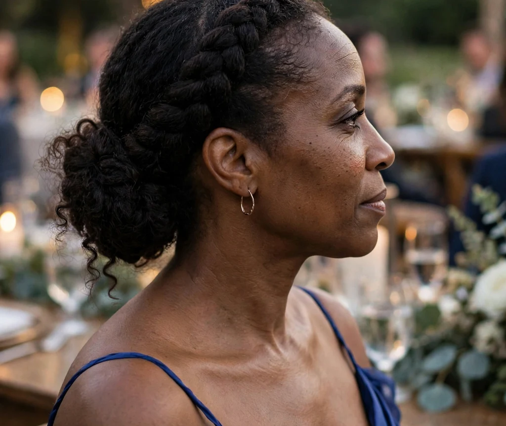 A Black woman in her late thirties with dark brown coils in a curly French braid flowing into a low bun, wearing a royal blue gown at a wedding