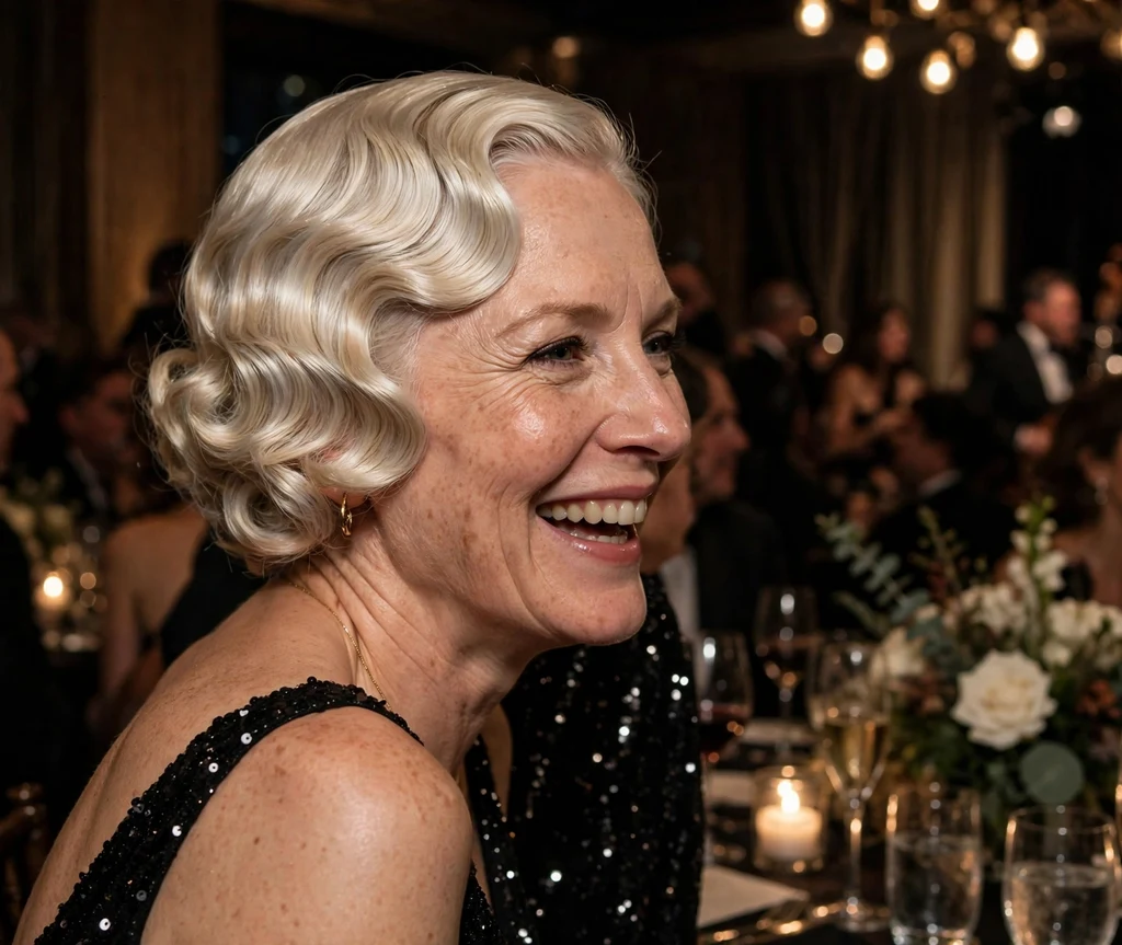 A Caucasian woman in her mid-forties with platinum blonde curls styled as vintage finger waves, wearing a black sequin gown at a jazz gala