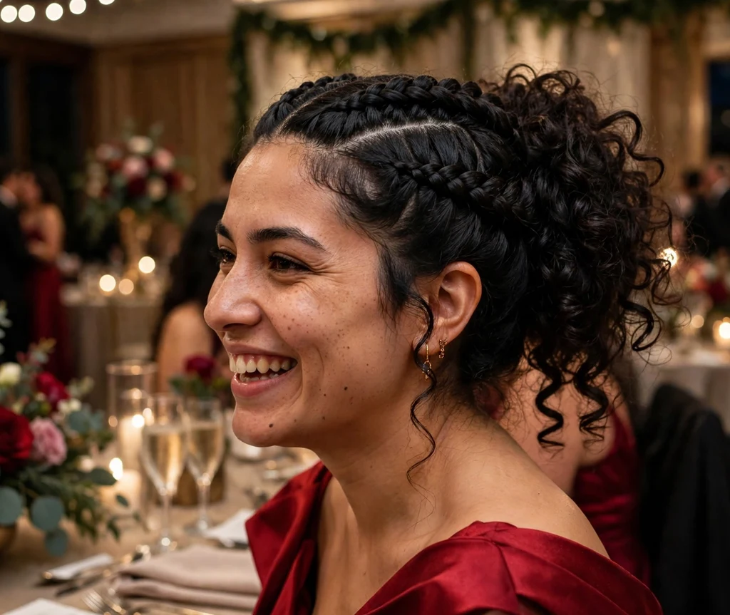 A Latina woman in her late twenties with jet black curls in double Dutch braids flowing into a curly bun, wearing a red gown at a formal reception