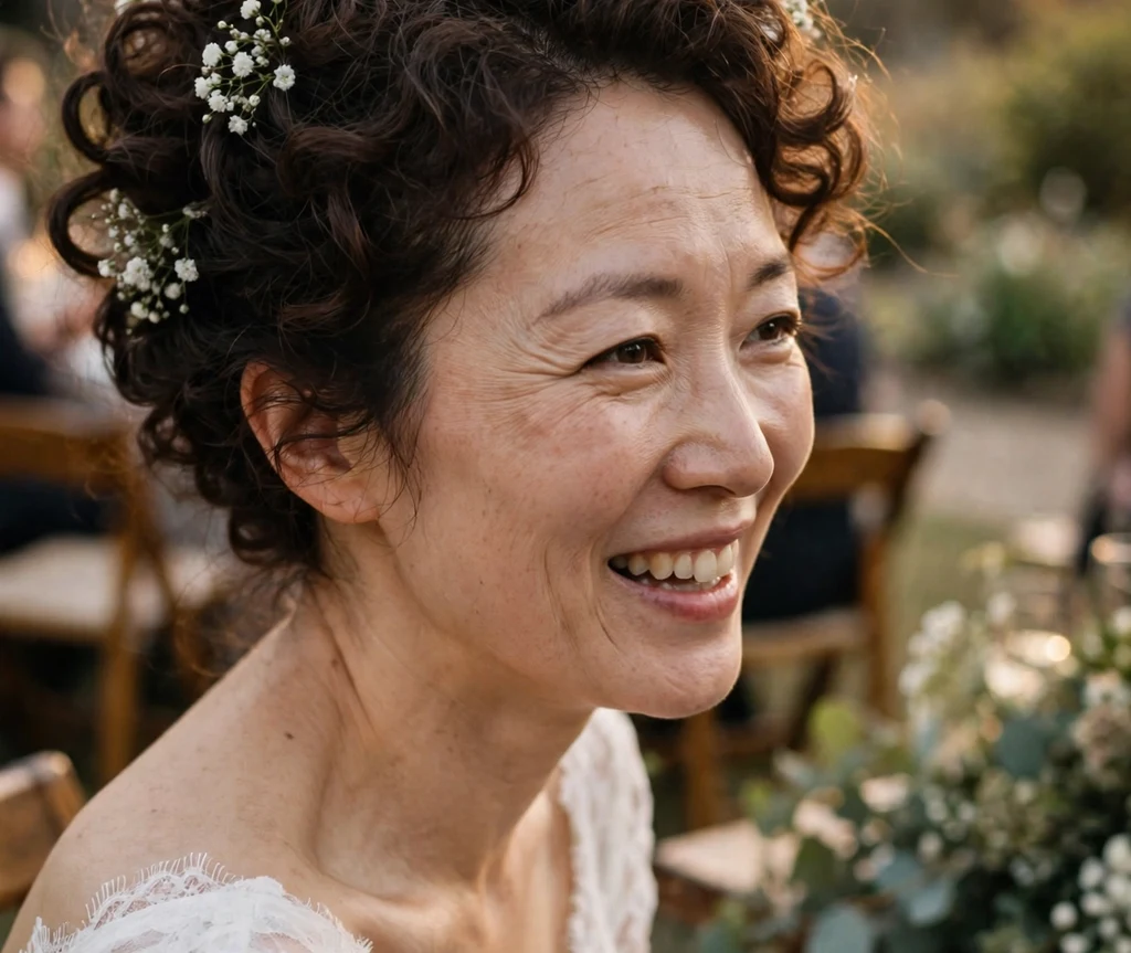 An East Asian woman in her early thirties with dark brown curls in a romantic curly updo adorned with baby's breath flowers, wearing a white gown at an outdoor wedding