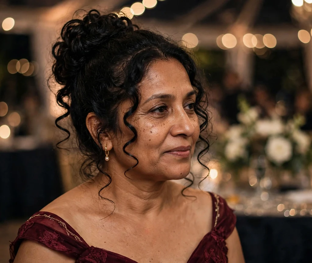 A South Asian woman in her early forties with long black curls in a polished high curly bun with tendrils, wearing a maroon gown at a charity ball