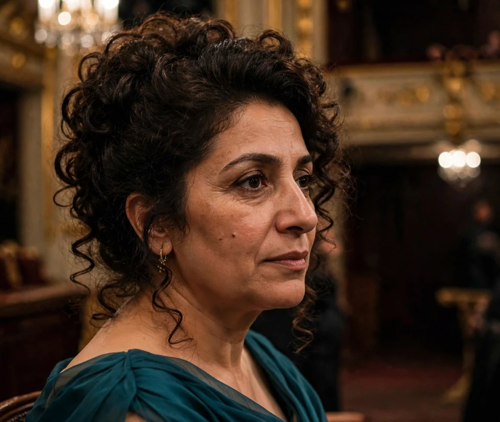 A Middle Eastern woman in her late thirties with dark brown curls in a curly bouffant updo, wearing a teal gown at the opera