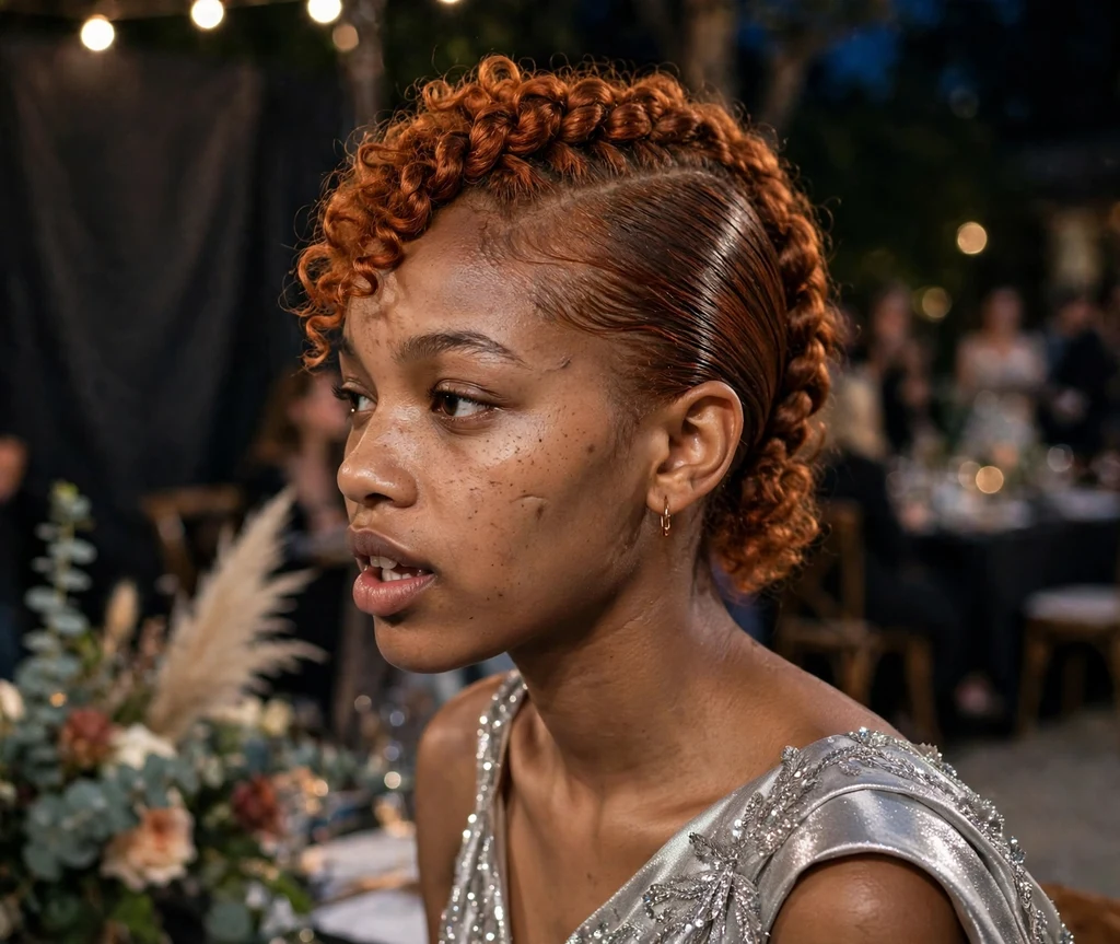 A Black woman in her early twenties with copper curls in a twisted curly mohawk braid, wearing a silver gown at a fashion event
