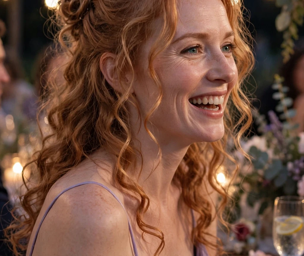 A Caucasian woman in her late twenties with strawberry blonde curls in an elegant curly half-up bun, wearing a lavender gown at an engagement party