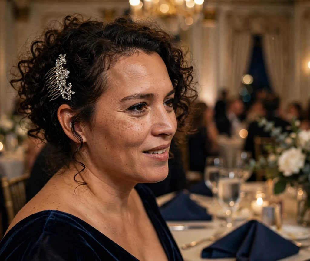 A Latina woman in her mid-thirties with dark brown curls in a curly updo with a rhinestone comb, wearing a midnight blue gown at a ballroom