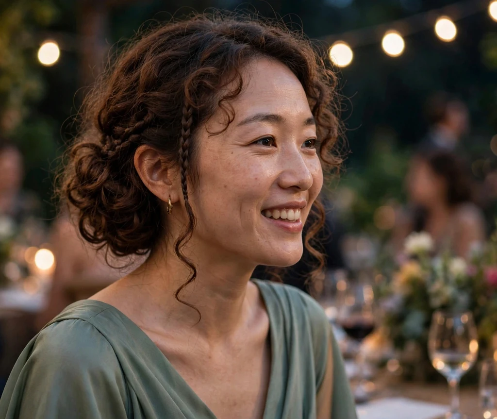 An East Asian woman in her mid-twenties with espresso brown curls in a soft curly chignon with face-framing braids, wearing a sage gown at an evening party