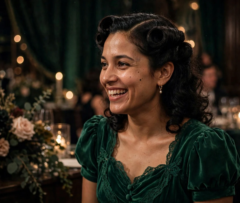A South Asian woman in her late twenties with black curls styled as retro curly victory rolls, wearing an emerald vintage-style dress at a themed gala