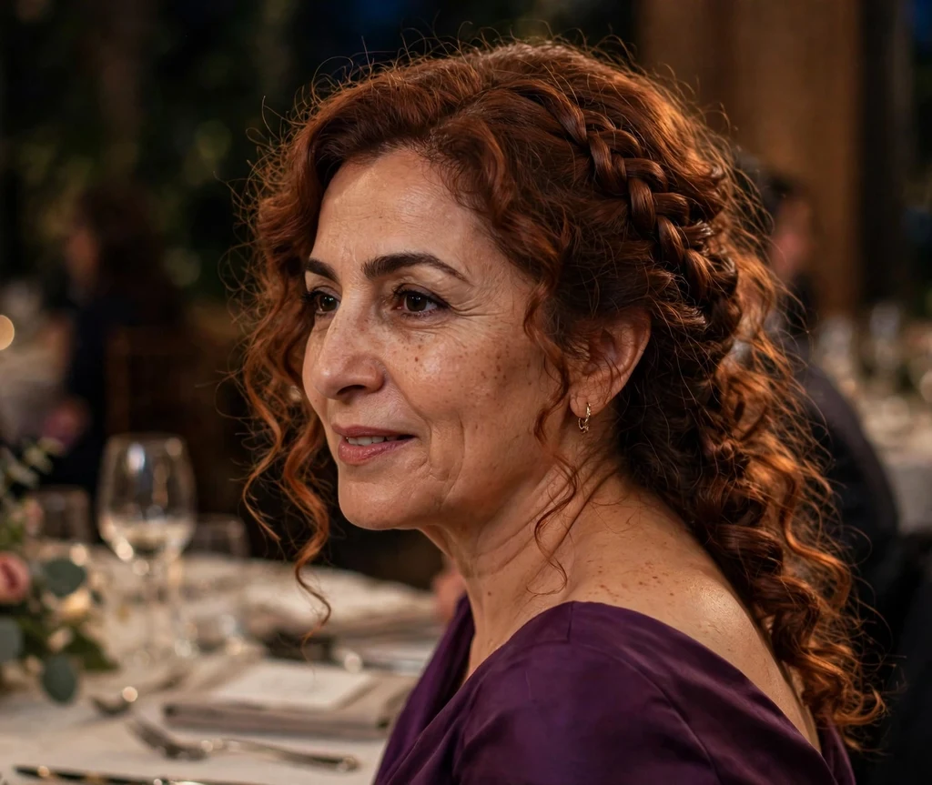 A Middle Eastern woman in her early forties with auburn curls in a waterfall twist with long curls, wearing a plum gown at a formal dinner