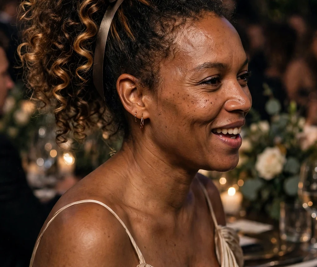 A Black woman in her late twenties with dark brown curls with honey highlights in a curly wrapped ponytail with ribbon detail, wearing a champagne gown at a gala
