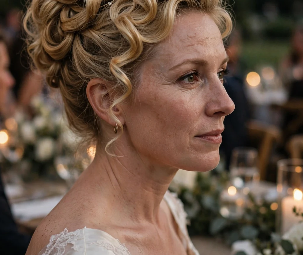 A Caucasian woman in her early thirties with golden blonde curls in a regal curly crown updo with a tiara, wearing an ivory gown at a wedding