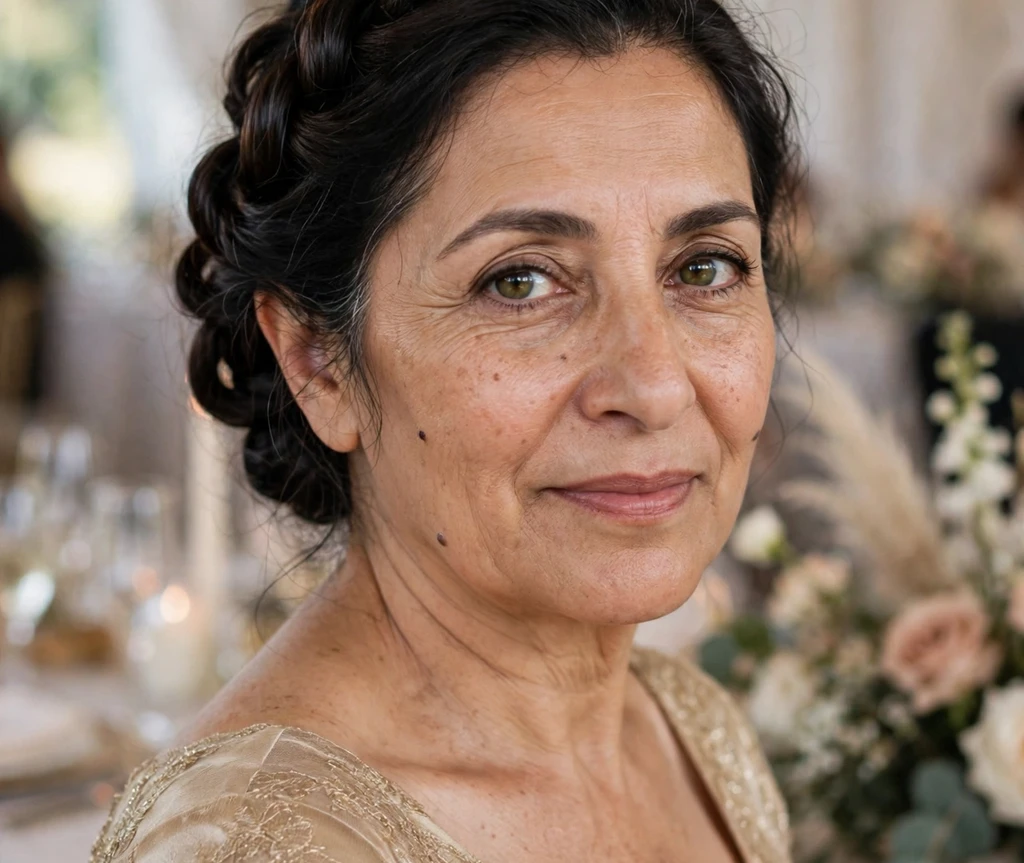 Woman wearing an elegant twisted updo formal hairstyle suited to thin hair