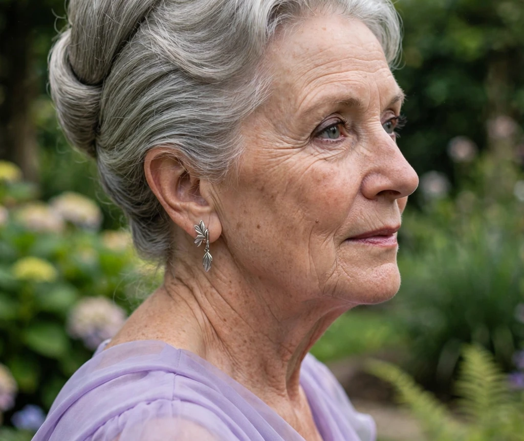 Older woman with a timeless beehive updo, a formal hairstyle for thin silver hair