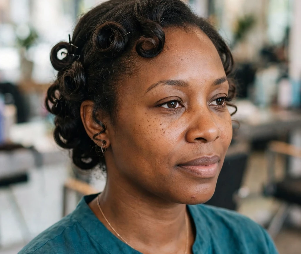 Woman with soft pinned curls, a romantic formal hairstyle for thin hair