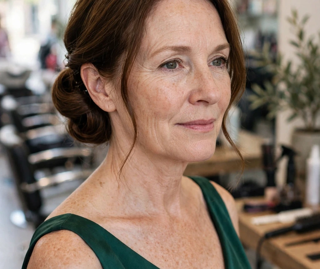 Woman with a sculpted top knot formal updo suited to thin hair