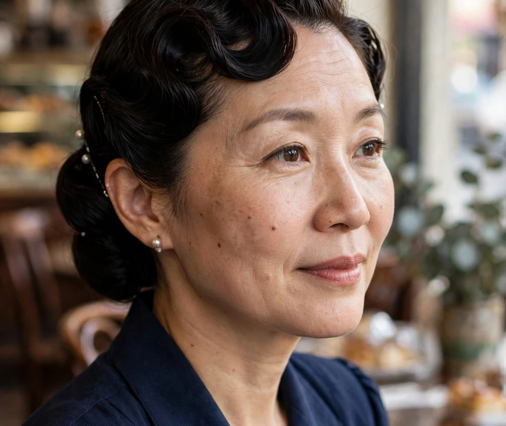 Woman with a side-parted smooth bun, a polished formal hairstyle for thin hair