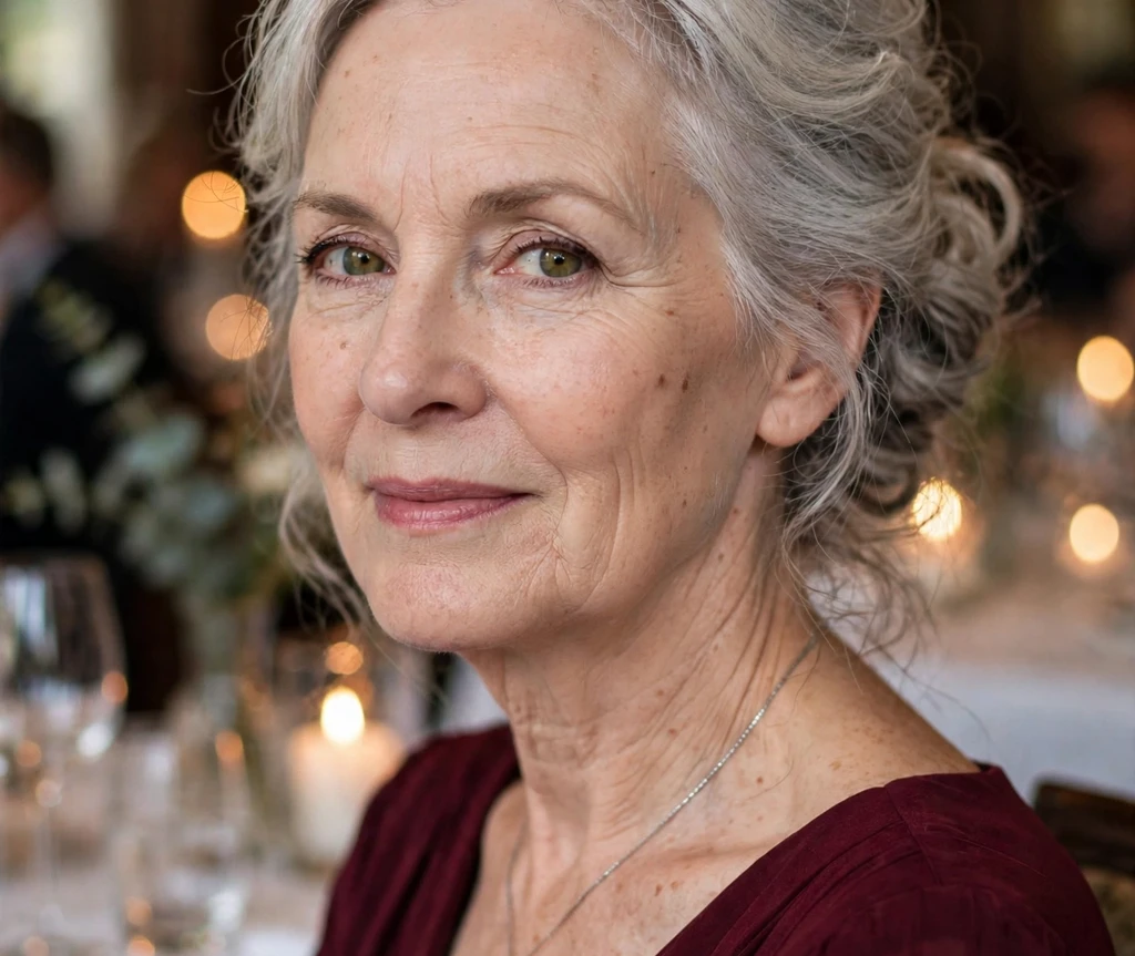 Older woman with a classic evening updo, a timeless formal hairstyle for thin hair