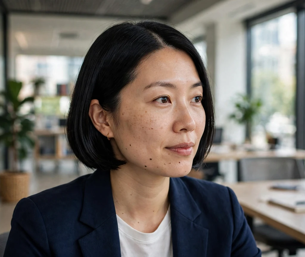 Woman with a classic chin-length black french bob in an office