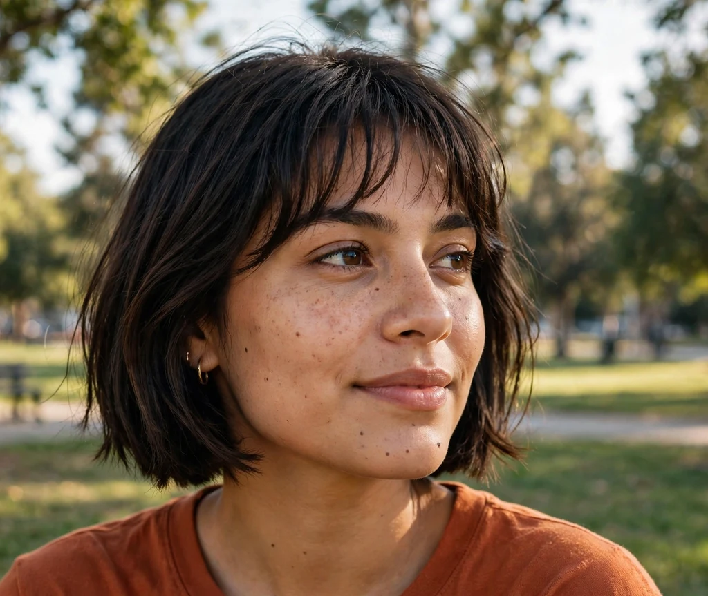 Woman with a dark-brown french bob with wispy full fringe in a park