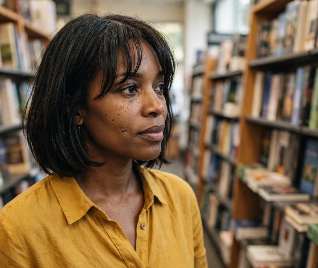 Woman with a curtain bang french bob in a bookstore