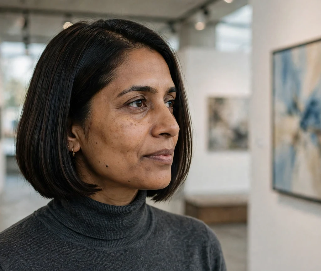 Woman with a sleek side-part dark-brown french bob in an art gallery