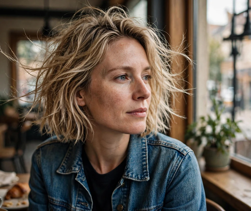 Woman with a textured tousled blonde french bob at a coffee shop