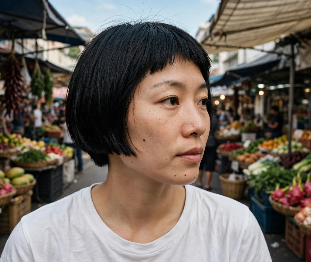 Woman with a black micro bob with blunt ends at a street market