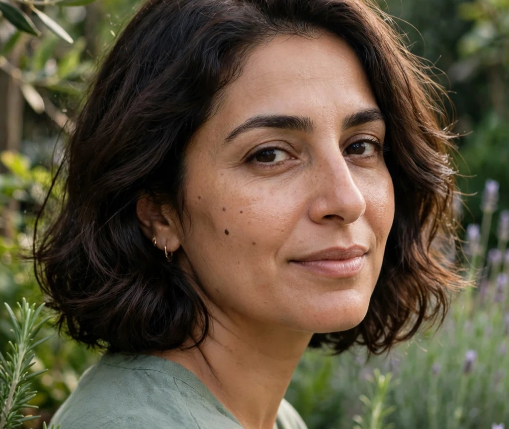 Woman with a soft wavy dark-brown french bob in a garden