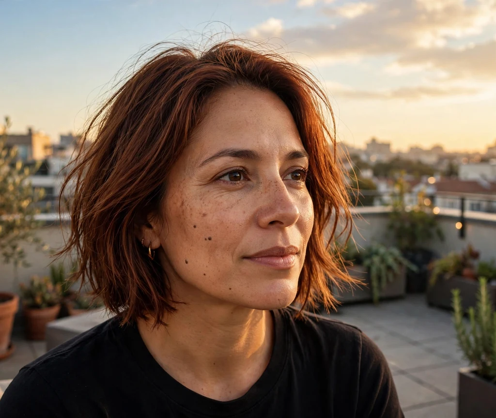 Woman with a piecey layered auburn french bob on a rooftop terrace