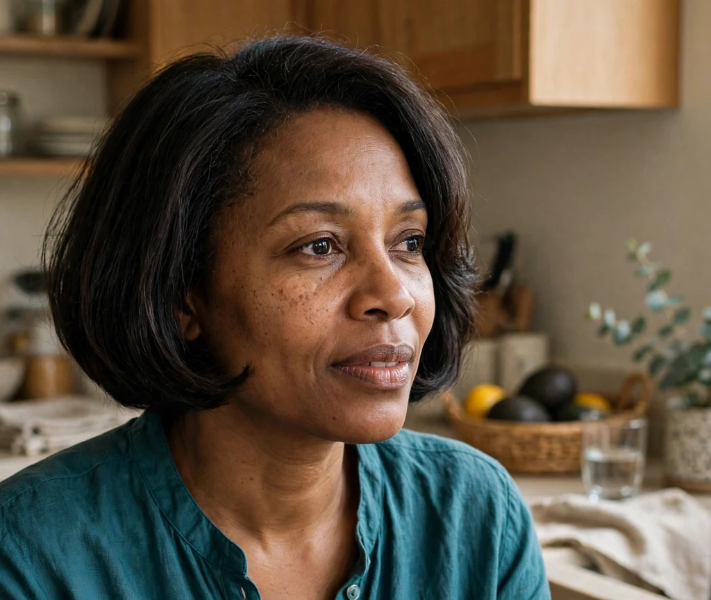 Woman with a rounded volume dark french bob in a kitchen