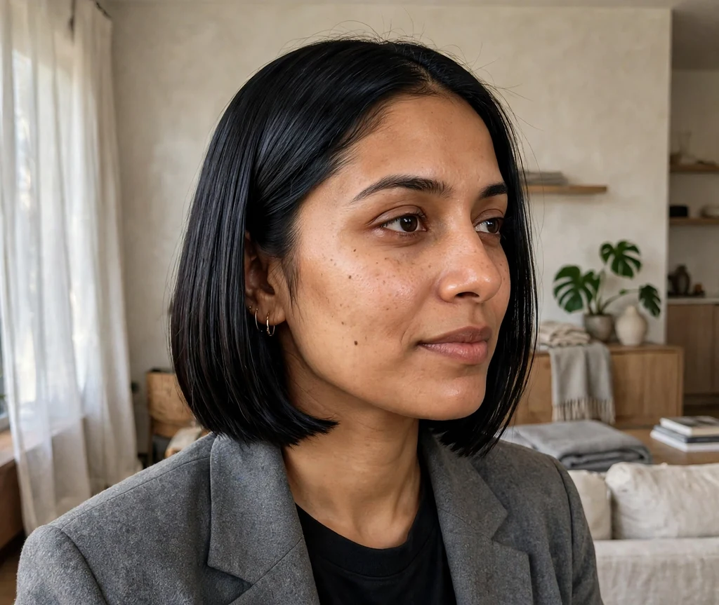 Woman with a straight glass-hair black french bob in an apartment