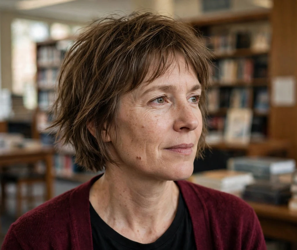 Woman with a choppy jaw-length brown bob in a library