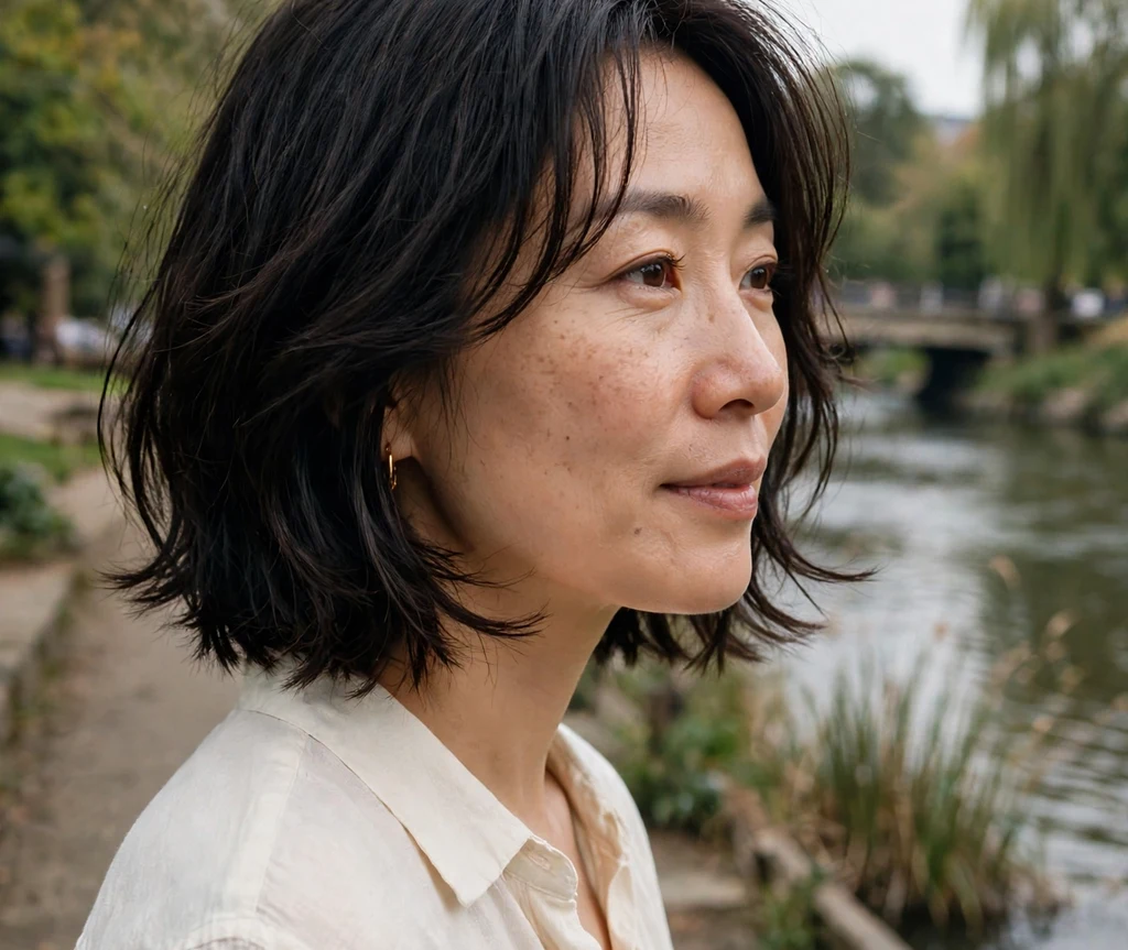 Woman with a feathered-ends dark french bob on a riverside walk
