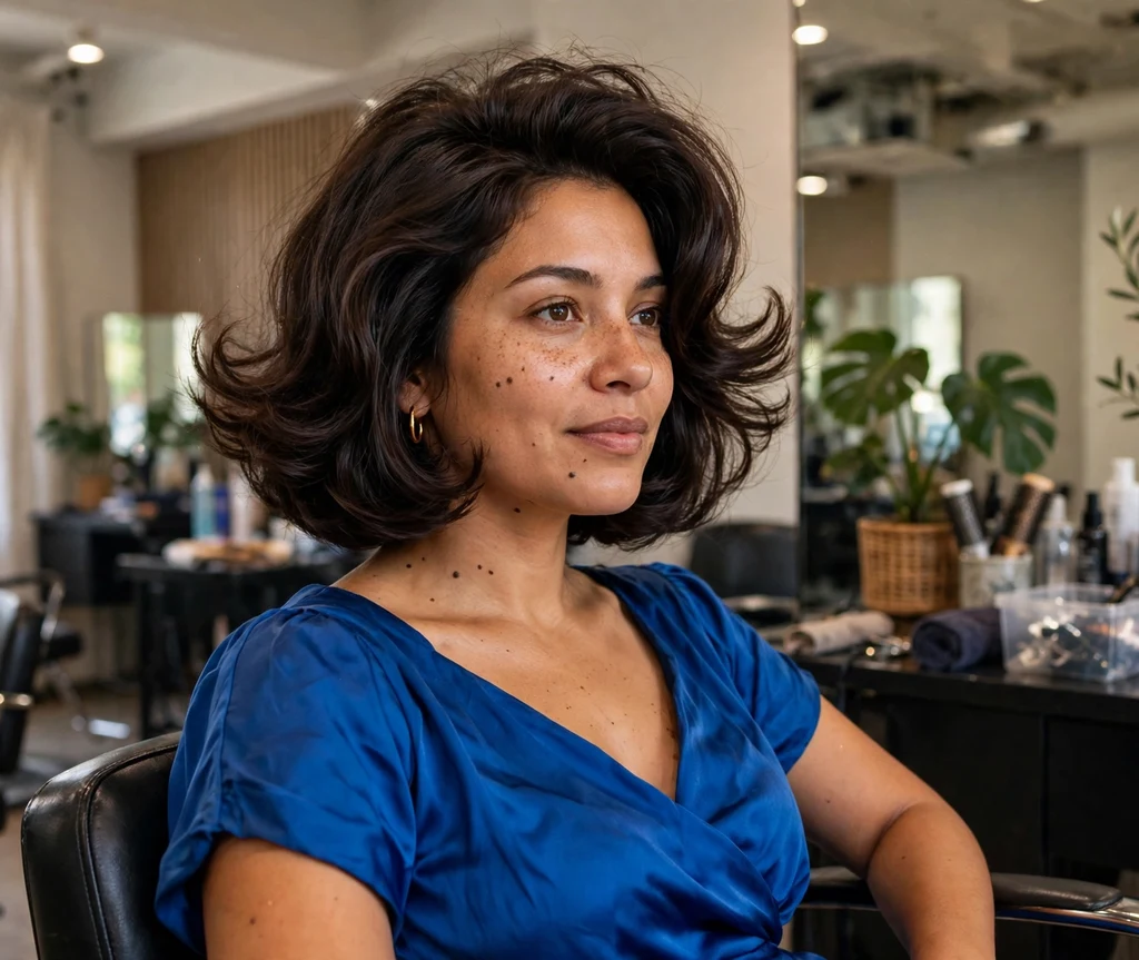 Woman with a voluminous blowout dark-brown french bob in a salon