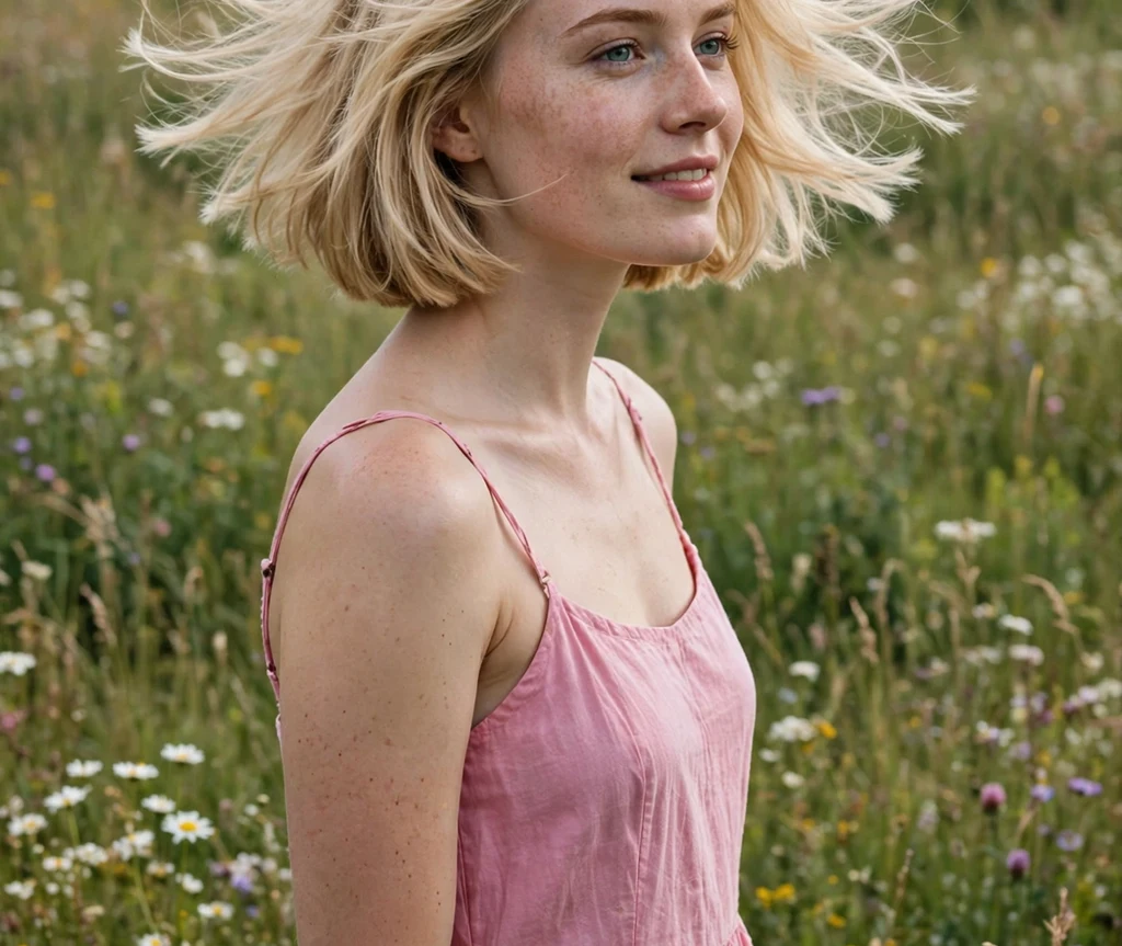 Woman with an airy flippy blonde french bob in a flower meadow