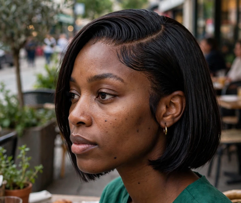 Woman with a deep side-part dark french bob at a cafe patio