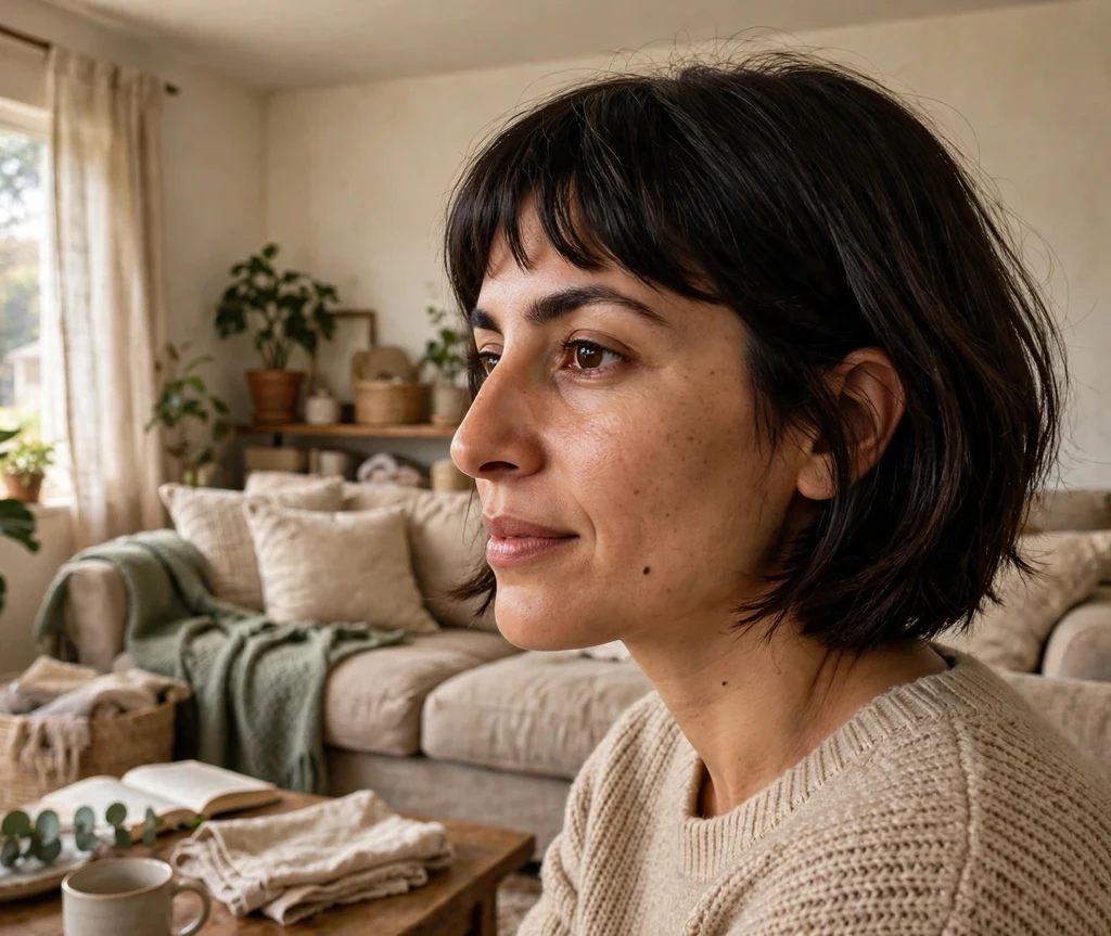 Woman with a bottleneck bangs dark french bob in a living room