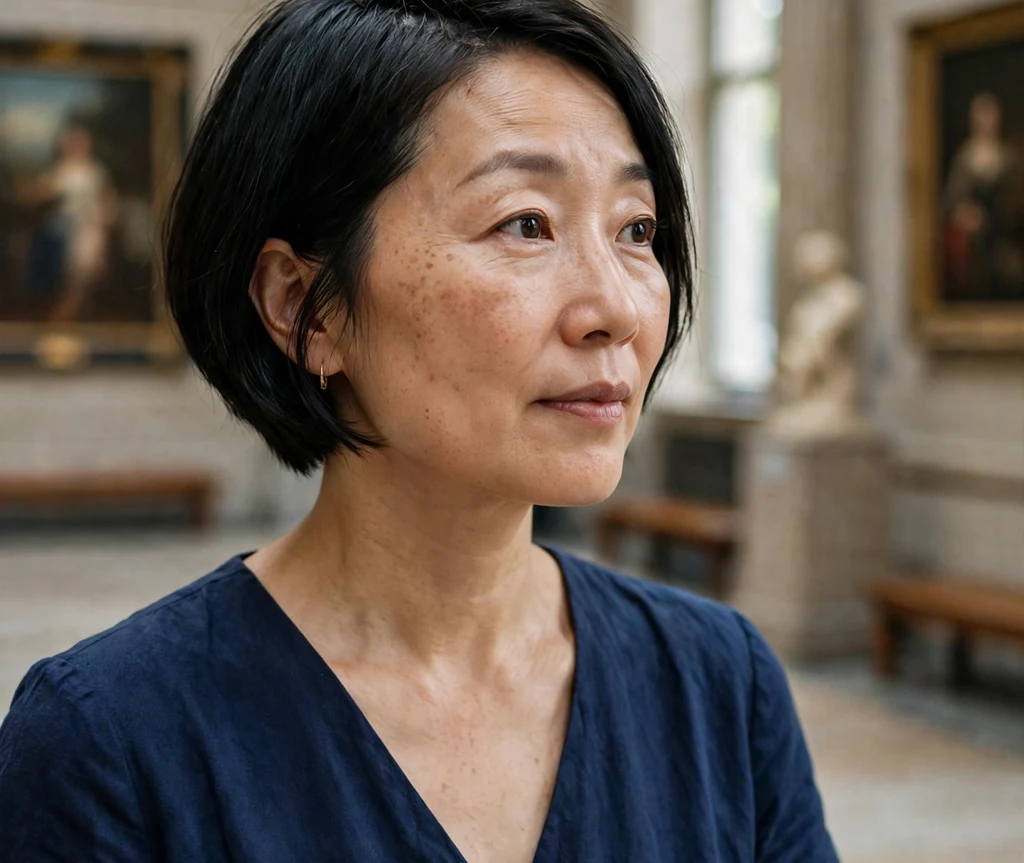Woman with a cropped cheek-length black bob in a museum