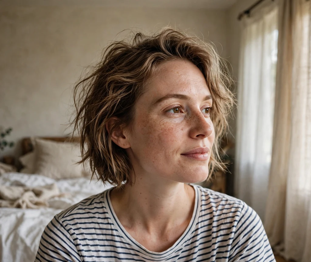 Woman with an undone bedhead light-brown french bob in a bedroom