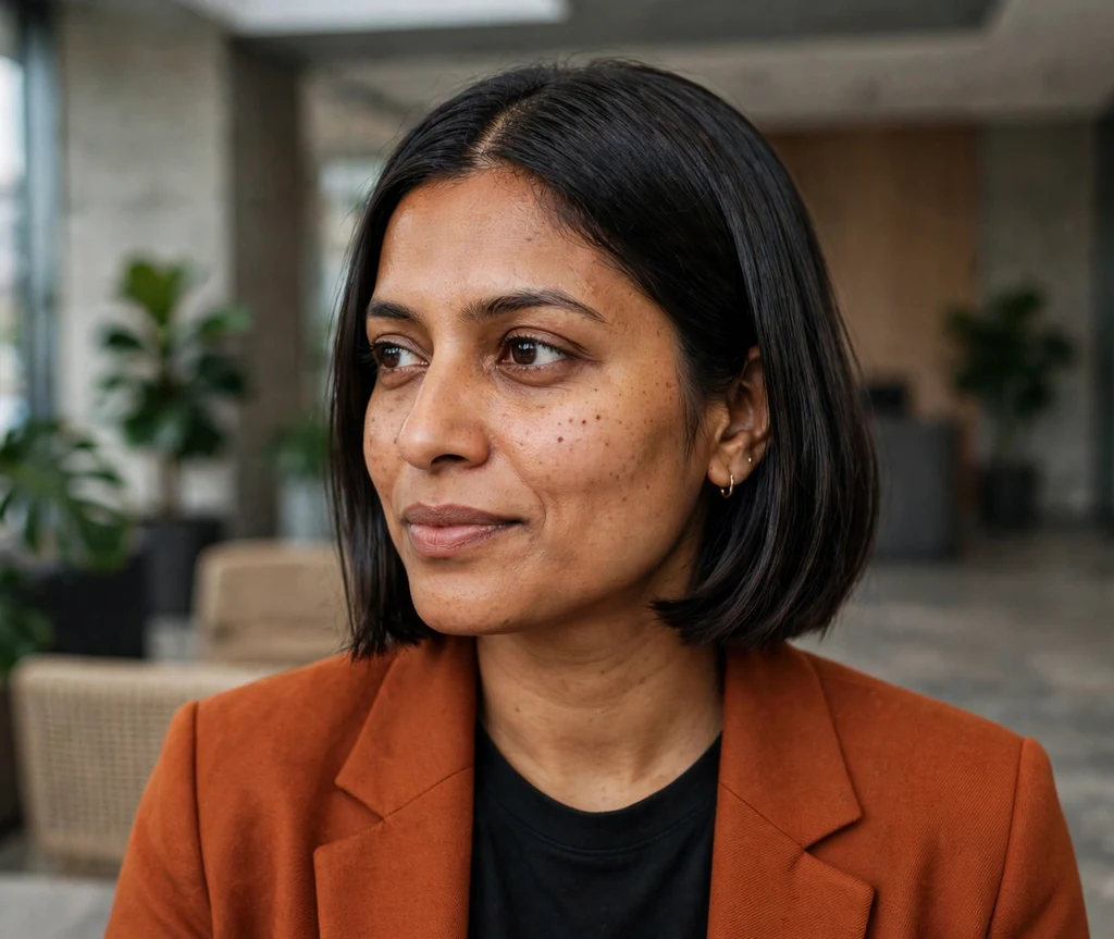 Woman with a center-part pin-straight dark french bob in an office lobby