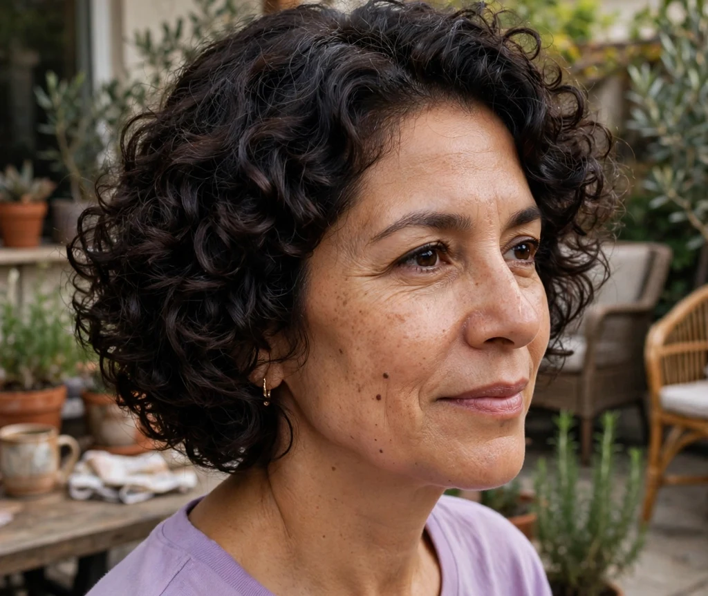 Woman with a curly permed dark french bob on a patio