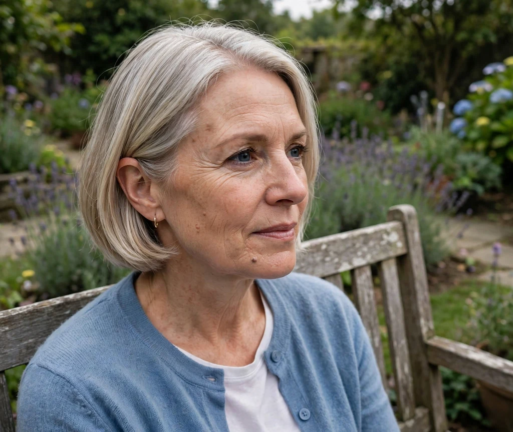 Woman with a silver-blonde french bob tucked behind her ears on a garden bench