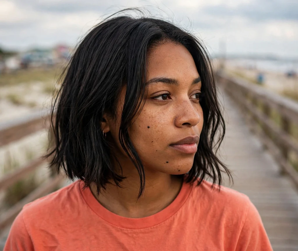 Woman with a face-framing layered dark french bob on a boardwalk