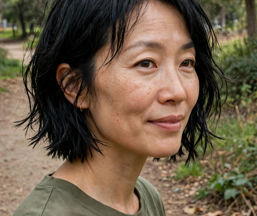Woman with a razor-cut black french bob on a park trail