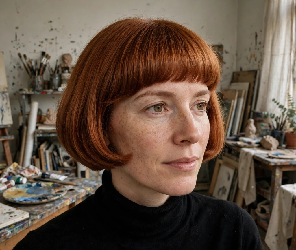 Woman with a copper-red bowl-inspired french bob in an art studio