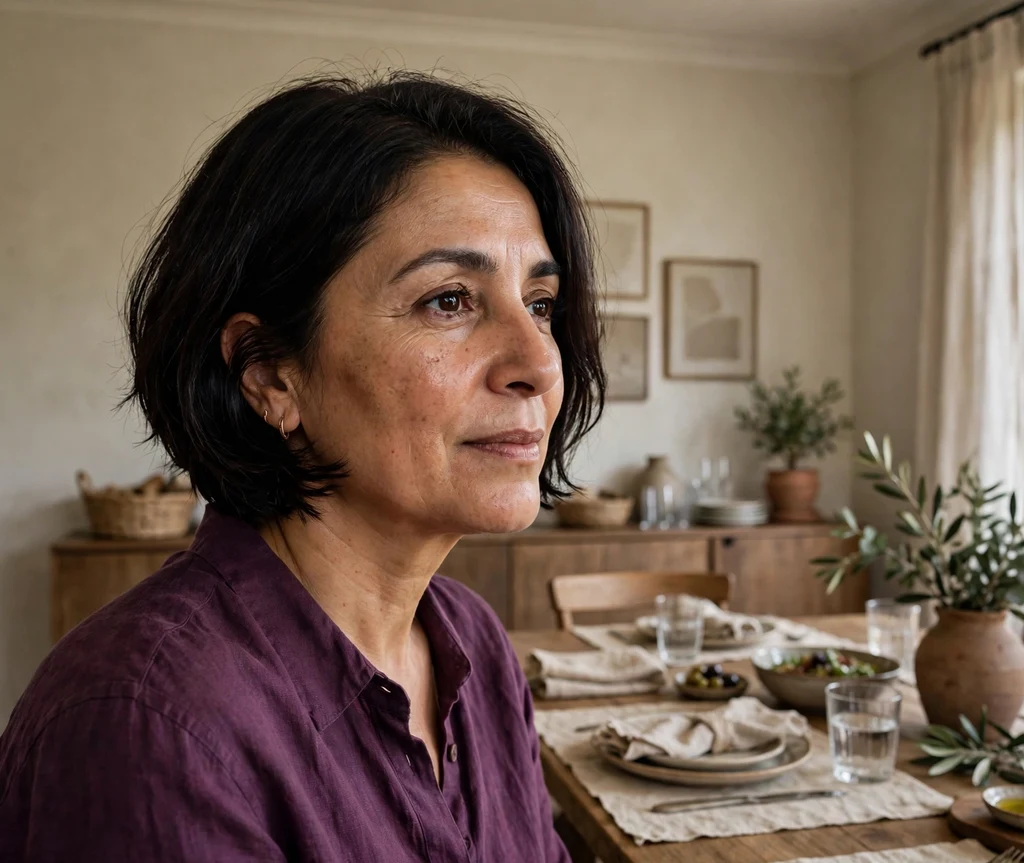 Woman with a softly stacked dark french bob in a dining room