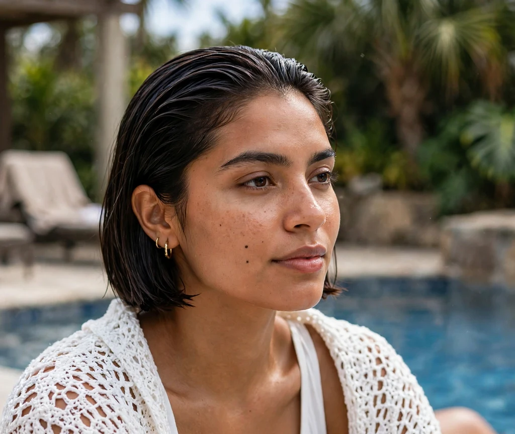 Woman with a wet-look dark french bob by a pool