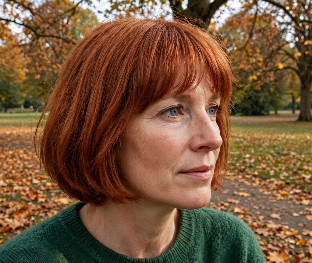 Woman with a copper-red french bob with full fringe in an autumn park