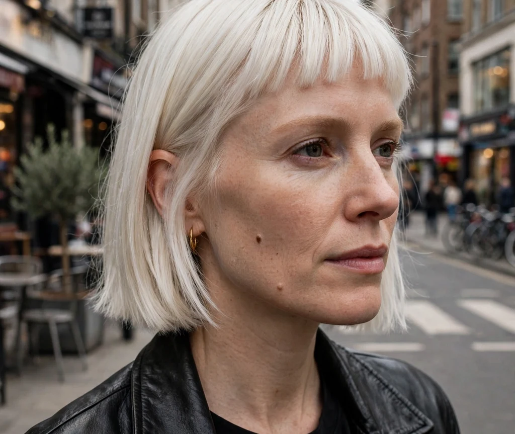 Woman with a platinum blonde french bob with blunt fringe on a city street