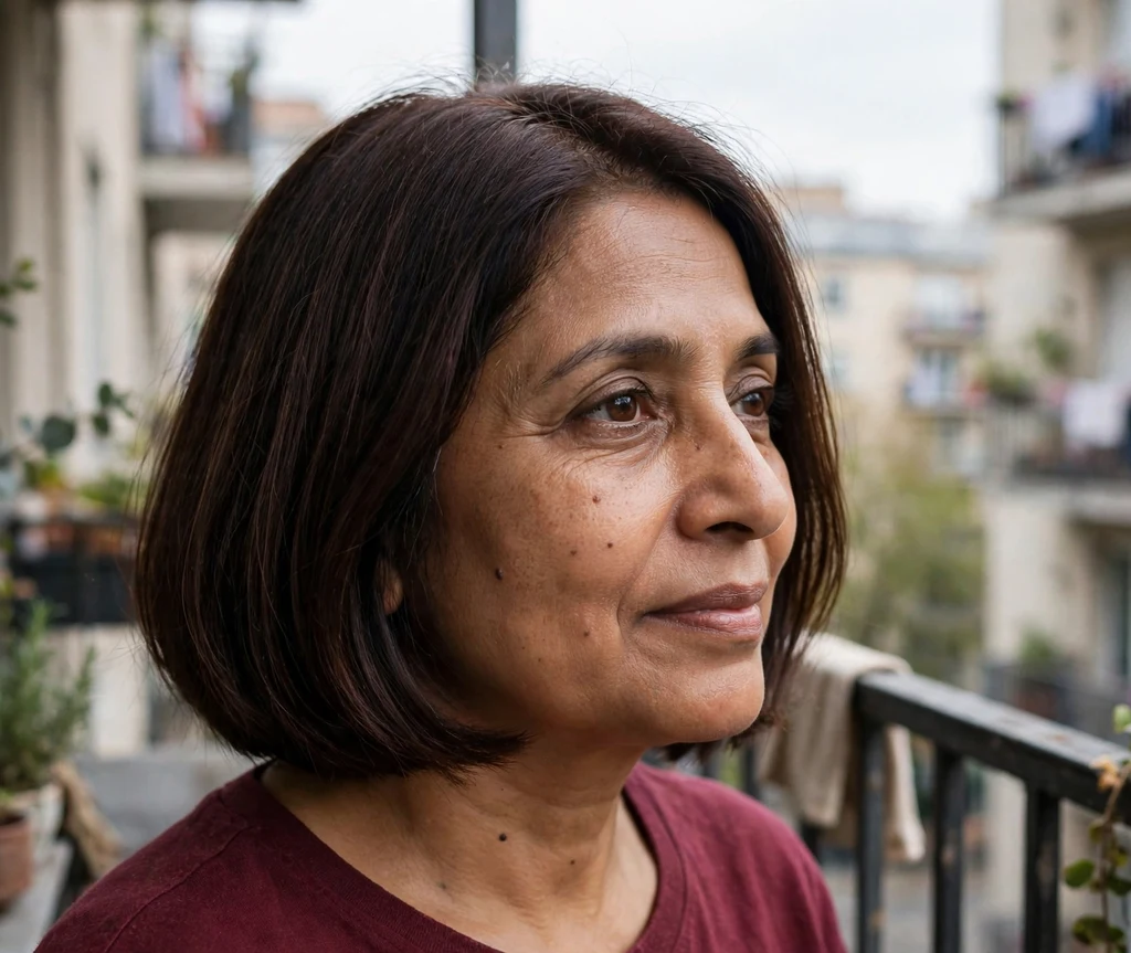 Woman with an espresso-brown french bob on a balcony